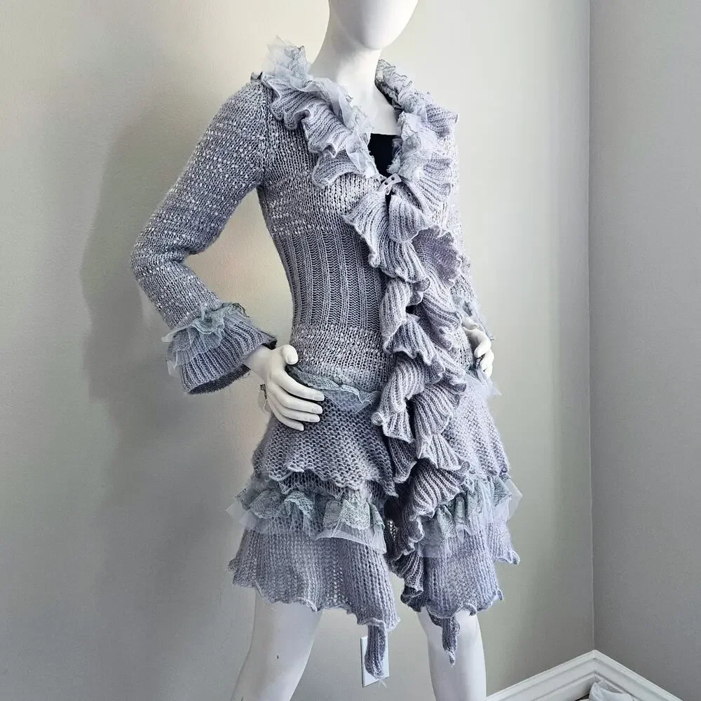 Y2K Whimsy Ruffle Lace Tulle Long Cardigan Witchy Fairy Boho Penny Lane Size S - Picture 3 of 12